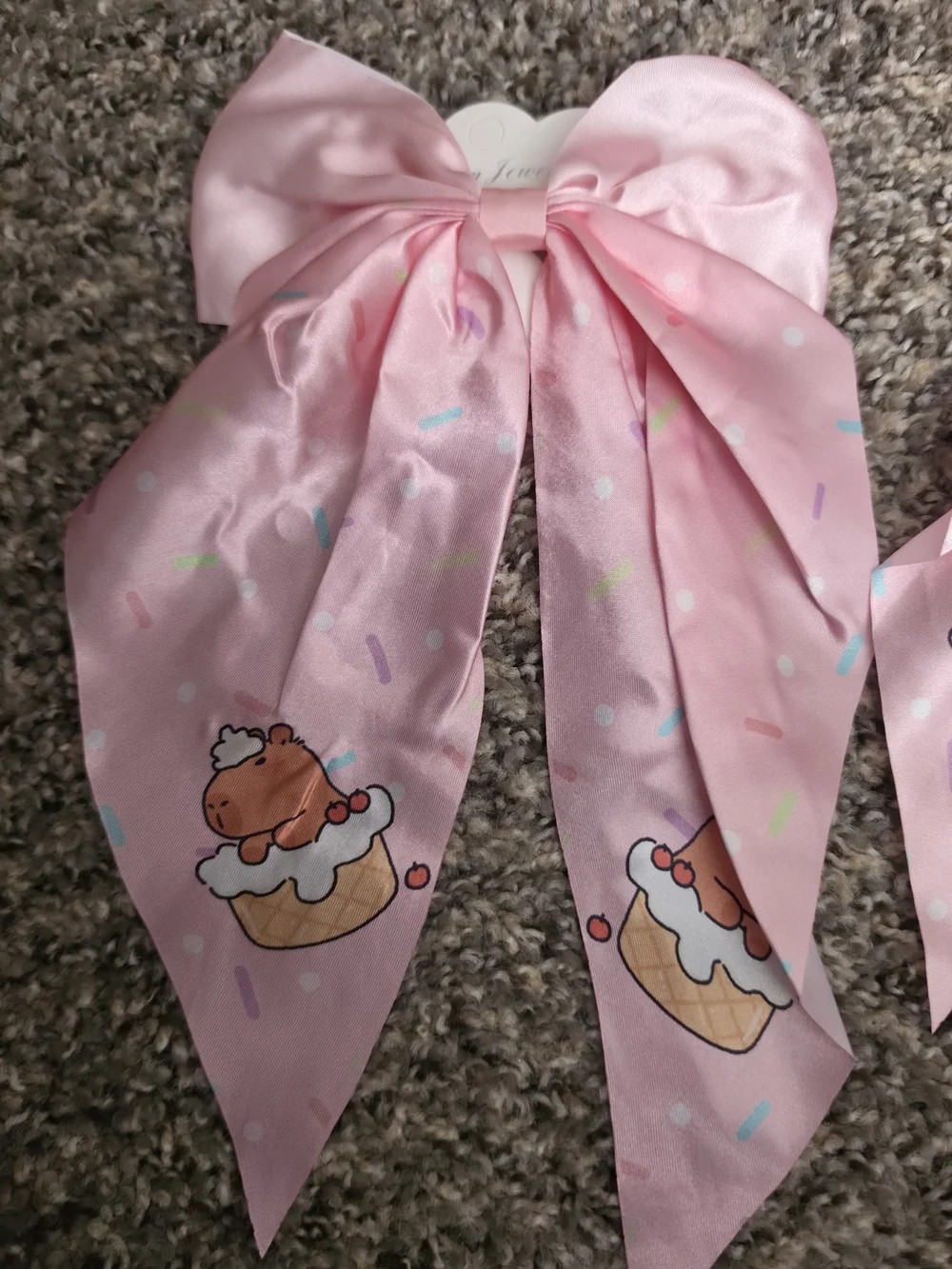 Kids Pink Satin Bow Hair Tie with Cupcake Print